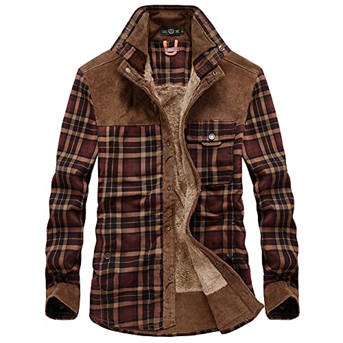 GUOCU Herren Kariert Fleecefutter Thermohemd Langarm Warm Innenfutter Winter Langarm Holzfällerhemd Winterjacke Flanelljacke Holzfällerjacke Arbeitsjacke,Braun,4XL von GUOCU