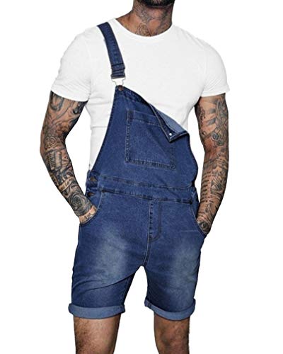 GUOCU Herren Kurze Jeans Denim Latzhose Overall Arbeitshosen Distressed Slim Fit Roll Up Latzshorts Freizeit Jumpsuit Dunkelblau XL von GUOCU