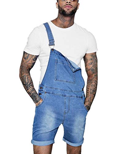 GUOCU Herren Kurze Jeans Denim Latzhose Overall Arbeitshosen Distressed Slim Fit Roll Up Latzshorts Freizeit Jumpsuit Hellblau M von GUOCU