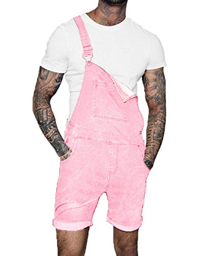 GUOCU Herren Kurze Jeans Denim Latzhose Overall Arbeitshosen Distressed Slim Fit Roll Up Latzshorts Freizeit Jumpsuit Rosa L von GUOCU