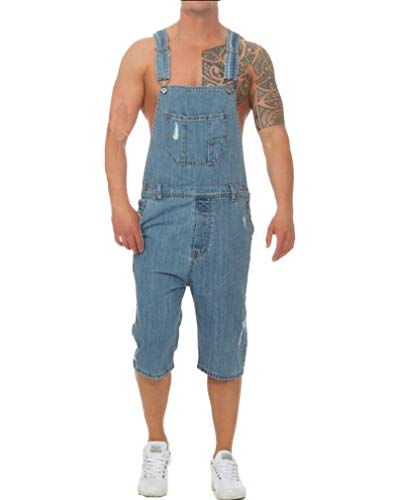 GUOCU Herren Kurze Jeans Overall Denim Latzhose Vintage Latzshorts Ripped Distressed Jumpsuit Freizeit Arbeitshosen Hellblau M von GUOCU