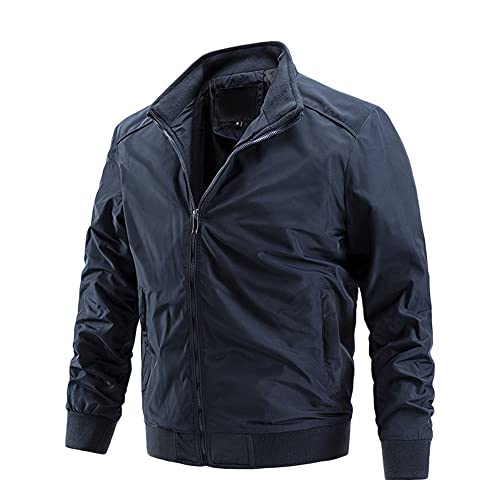 Herren Leichte Dünne Bomberjacke Herbst Einfarbig Retro Lange Ärmel Übergangsjacke Stehkragen Durchgehender Reißverschluss Kurz Blouson Jacke Freizeit Lose Mantel mit Taschens,Blau,XS von GUOCU