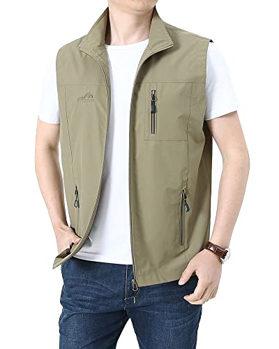 GUOCU Herren Leichtgewicht Winddichte Stretch Weste Schnell Trocknend Outdoor-Reisesportweste Safari Angeln Wandern Übergröße Softshell-Weste mit Multi-Pocket 9618Khaki L von GUOCU