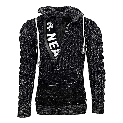 GUOCU Herren Pullover Mode Vintage Revers Strickpullover Grobstrick Pullover mit Stehkragen und Reißverschluss Winterpullover für Männer Schwarz 3XL von GUOCU