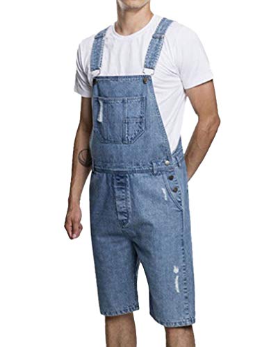 GUOCU Herren Ripped Distressed Kurze Jeanshose Vintage Denim Latzhose Overall Arbeitshosen Freizeit Jumpsuit Latzshorts Hellblau XL von GUOCU