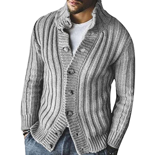 Herren Strickjacke Langarm Cardigan Zopfmuster Grobstrick Pullover mit Stehkragen Winter Warm Strickmantel Übergangsjacke für Männer Strickpullover Grau XXL von GUOCU
