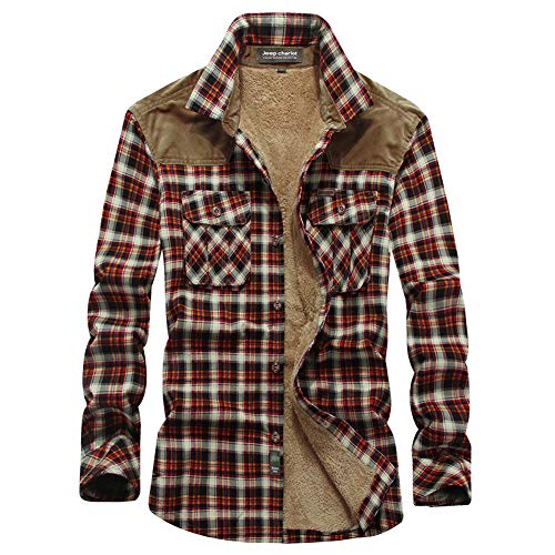 GUOCU Herren Thermohemd,Langarm Freizeithemd Kariert Gefütterte Jacke Flanellhemd Steppjacke Gefüttert Hemdjacke Winterjacke Fleecefutter Holzfällerhemd Warmes Arbeitshemd rot 3XL von GUOCU