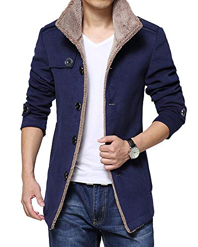 GUOCU Herren Winter Mantel Warm Wintermantel Fell Fleece Stehkragen Winterjacke Parka Einfarbig Einreihig Lange Ärmel WärmeJacke Coat Dunkel Blau XXL von GUOCU