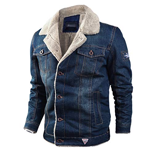GUOCU Jeansjacke Herren Winter Denim Jacket Gefütterte Jeans Jacke mit Fell Mantel Warme Winterjacke mit Stehkragen Dunkelblau XL von GUOCU