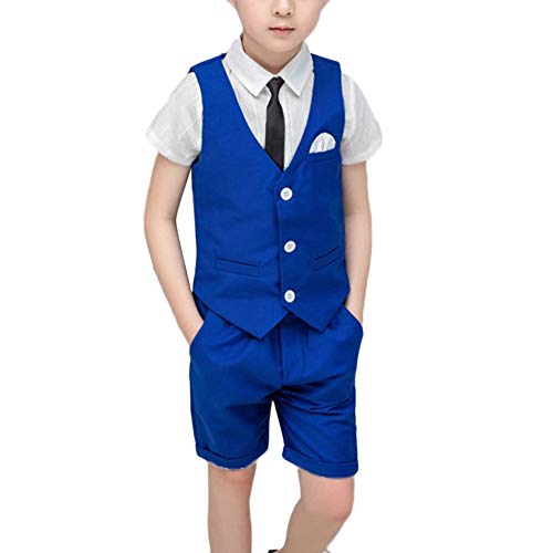 GUOCU Jungen Anzug Weste Kurze Hose Gentleman Kinderanzug Hochzeit Festlich Outfit Blau B 130CM von GUOCU