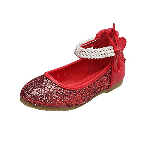 GUOCU Mädchen Prinzessin Schuhe Glitzer Paillette Ballerina Mit Perlen Riemchen Klettverschluss Festliche Mary Jane Halbschuhe Rot 29 EU von GUOCU