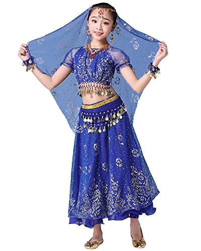 GUOCU Mädchen Tanzfestival Bauchtanz-Kostüm Outfit Indischer Tanz Kostüm Tanzkleidung 8-teiliges Set Chiffon-Prinzessin-Outfit Trainingskleidung Karneval Tanzen Outfit Dancewear Blau(8PCS) XL von GUOCU