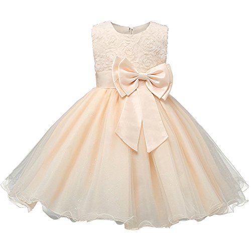 GUOCU Mädchen Tüll Kinder Abendkleid Kleid mit Schleife Prinzessin Hochzeit Festkleid Champagner 90 von GUOCU