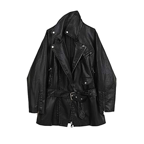 GUOCU Mittellanger Damen PU Lederjacke Revers Ledermantel Lässige Trenchcoat aus Kunstleder,Frauen Bikerjacke Motorrad Jacke mit Gürtel,Frühling Pilotenjacke Kunstlederjacke Übergangsjacke L von GUOCU