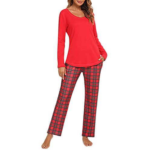 GUOCU Schlafanzug Damen Lang Winter Pyjama Set Langarm O-Aussschnitt Hausanzug Top Und Karierte Leopardenmuster Hose Weiche Zweiteiliger Sleepwear mit Kordelzug Und Seitentasche,Rot,XL von GUOCU