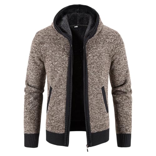 GUOCU Trachtenjacke mit Kapuze Herren Strickjacke Sweatjacke Winterjacke Reißverschluss Hoodie Cardigan Dicke Outdoor Langarm Cardigan Strickmantel,Kaffee,XL von GUOCU
