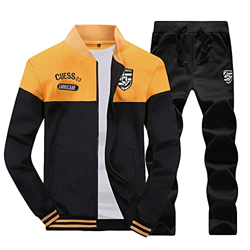 GUOCU Trainingsanzug Herren Sportanzug Jogginganzug Männer Langarm Sweatshirt Sweatjacke Ohne Kapuze Trainingshose Jogginghose Anzug Fitness Sporthose Freizeitanzug,Gelb,6XL von GUOCU