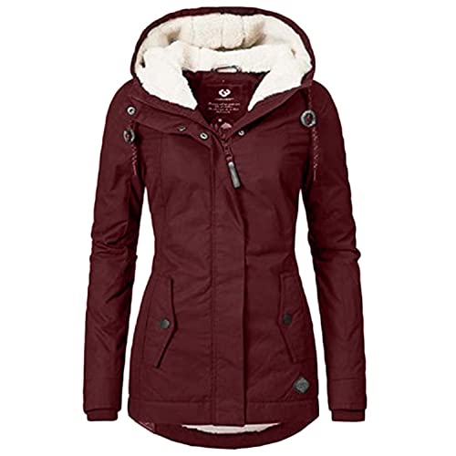 GUOCU Wintermantel Damen Warm Elegant Winterparka Lang Gefüttert Übergangsjacke Reißverschluss Dicker Winterjacke Mantel Outwear Winddichte Parka Jacke mit Fleecefutter Und Kapuze,Weinrot,M von GUOCU