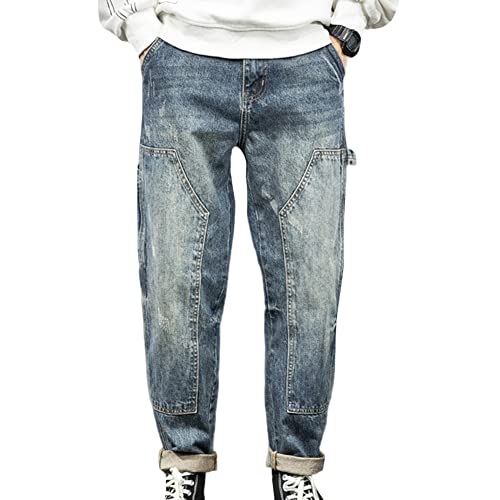 Gewaschene Retro Jeans Herren Loose Cargo Jeans in Distressed-Optik Herbst Gerade Jeans Hose für Männer Regular Fit Denim Hose Karottenhosen Lässige Haremshosen Stretch Casual Jeans Blau 33W von GUOCU