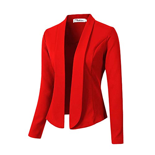 GUOCU Damen Cardigan Elegant Blazer Kurzer Knopfloser Blazer Jacke mit Schalkragen,Slim Fit Anzug Trenchcoat,Freizeit Business Büro Anzug Jacke Kurzblazer Lange Ärmel Anzugjacke rot L von GUOCU