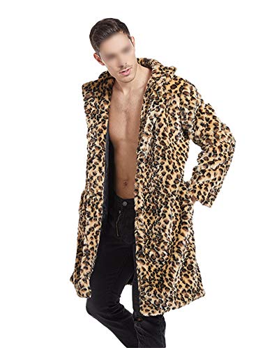 GuoCu Herren Leopard-Druck Lange Kunstpelz Jacke Elegant Plüschmantel Pelzmantel Felljacke Winter Kunstpelz Mantel Verdicken Wintermantel Flauschige Pelz Jacke Parka Faux Fur Kunstfell Coat Gelb 5XL von GUOCU