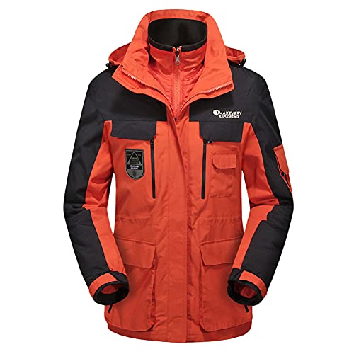 Herren/Damen Softshelljacke 3 in 1, Winterjacke Wasserdicht Skijacke Funktionsjacke Warm Jacke Fleecejacke Atmungsaktiv Winddichte Outdoor Wanderjacke Freizeitjacke mit Kapuze,Herren-Orange Rot,L von GUOCU