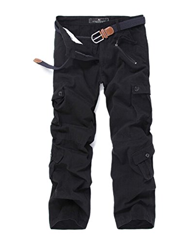 Herren Cargo Hose Lange Cargohose Lässig Wasserwäsche Loose Große Größe Unifarben Arbeitshose Chino Oversize Outdoor Arbeitshosen Schwarz 38 von GUOCU