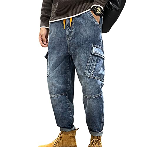 Herren Cargo Jeans Hose Gewaschene Distressed Blaue Jeans mit Kordelzug Männer Stretch Jeanshose Karottenhosen Lose Retro Denim Hosen Hip Hop Cargohose mit Weitem Bein und Mehreren Taschen Blau 36W von GUOCU