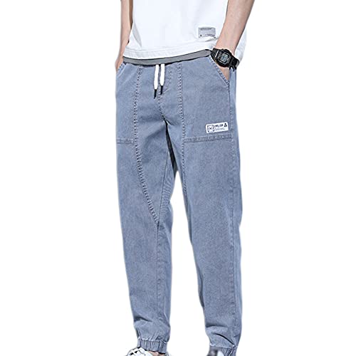 Herren Gerades Reguläre Passform Arbeits Denim Hose Hip Hop Stil Simple Einfarbig Slim Fit Kordelzug Taille Baggy Weiche Jeans Streetwear Elastische Haremshose mit Taschen,Blau,XXS von GUOCU