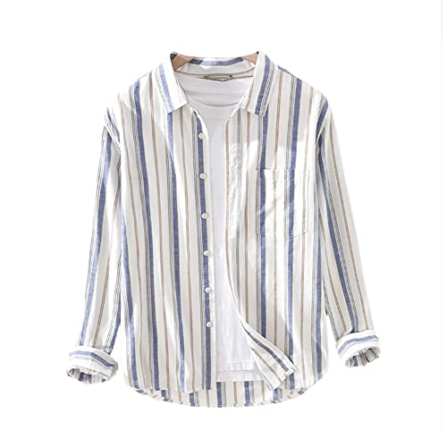 Herren Hemd Baumwolle Leinenhemd Langarm Stehkragen Hemd Gestreifter Druck Shirt Freizeithemden Sommer Hemden für Männer L von GUOCU