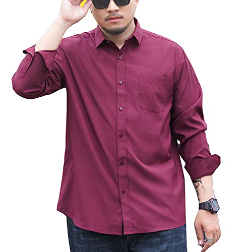 Herren Hemd Plus Size Muskel-Fit Lässiges Langarmshirt Business formelles Smart-Shirt Große Größe Langärmliges T-Shirt Popeline-Hemd mit Brusttasche Weinrot 7XL von GUOCU