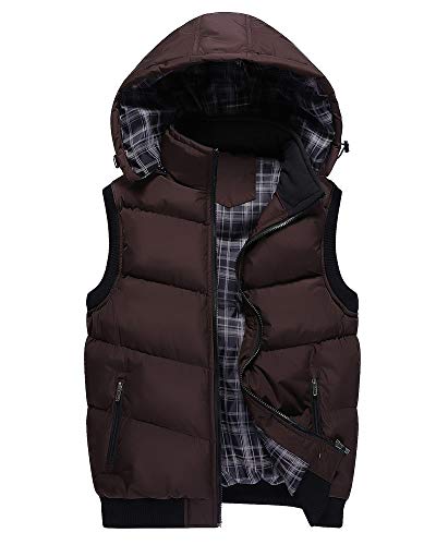 Herren Herbst und Winter Ärmellose Daunenweste Steppweste Slim Fit Übergangsweste mit Kapuze Große Größe Jacke Gilet Hoodie Abnehmbarer Kapuze Braun XXL von GUOCU