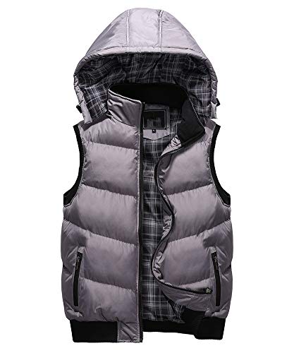 Herren Herbst und Winter Ärmellose Daunenweste Steppweste Slim Fit Übergangsweste mit Kapuze Große Größe Jacke Gilet Hoodie Abnehmbarer Kapuze Grau XXL von GUOCU