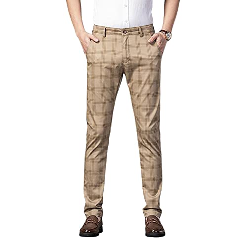 Herren Hose Business Gerade Schlank Geschnittene Knitterfreie Freizeithose Elegante Anzughose Retro Karomuster Klassisch Lange Regular Fit Stretch Hose mit Taschen,Khaki,5XL von GUOCU