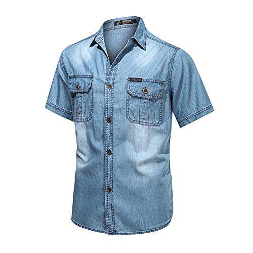 Herren Jeanshemd Casual Retro Kurzarm Hemd Regular Fit Denim Shirt Freizeithemd Geknöpftes Hemd mit Brusttasche B von GUOCU