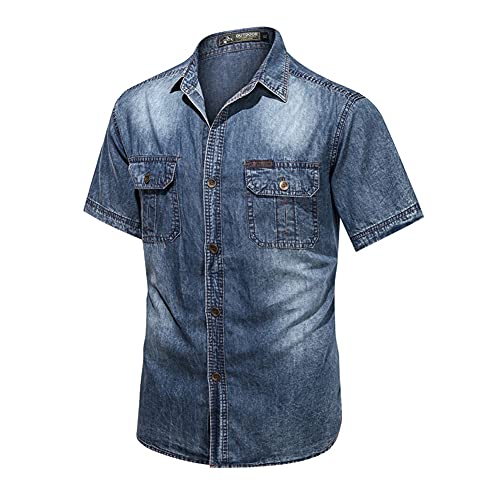 Herren Jeanshemd Casual Retro Kurzarm Hemd Regular Fit Denim Shirt Freizeithemd Geknöpftes Hemd mit Brusttasche C von GUOCU