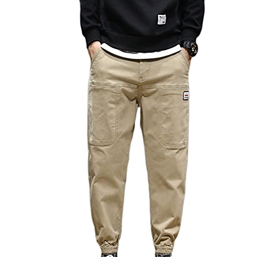 Herren Jogginghose Herbst Winter Komfortabel Schlanke Einfarbig Trainingshose Jogger Reißverschluss Baumwolle Elastische Freizeithose Gerippte Bündchen Gerade Lose Lange Hose,Khaki,XXS von GUOCU