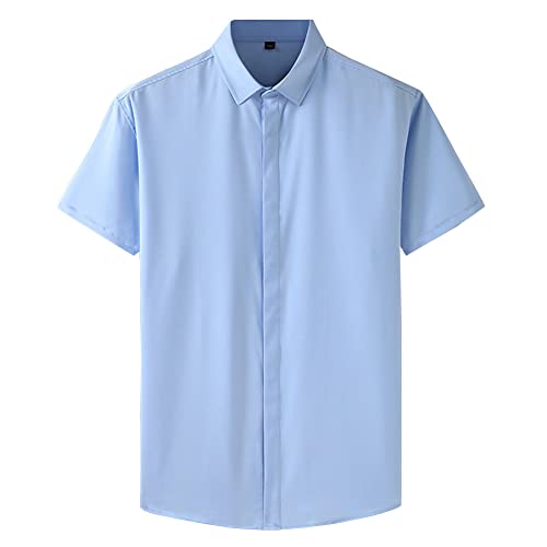 Herren Lockere Muskelfit Kurzärmliges Uniformhemd Business-Casual-Leichtgewicht Einfarbiges Popeline-Hemd Knopf unten Einfaches Sommer-T-Shirt Strand Oberteile Liblau 6XL von GUOCU