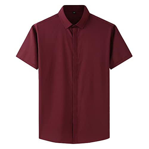 Herren Lockere Muskelfit Kurzärmliges Uniformhemd Business-Casual-Leichtgewicht Einfarbiges Popeline-Hemd Knopf unten Einfaches Sommer-T-Shirt Strand Oberteile Rot 5XL von GUOCU