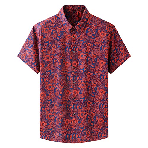 Herren Plus Größe Strand Blumen Hemden Kurzarm Hemd Stretch mit Paisley-Patchwork-Print Formelle Hawaii-Hemdoberteile Businesshemd mit Knöpfen 9202Rot 7XL von GUOCU