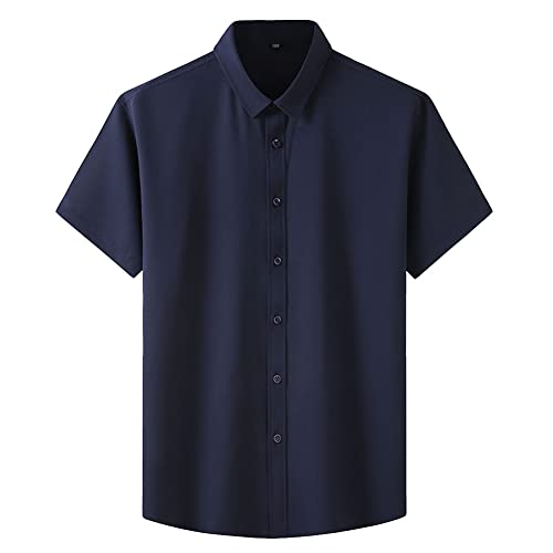 Herren Sommer Kurzarmhemd Business-Casual Einfarbiges Berufshemd Plus-Size-Oberteile mit normaler Passform Feiertags-Strand-Shirts Kurze Ärmel Freizeithemd Dunkelblau 5XL von GUOCU