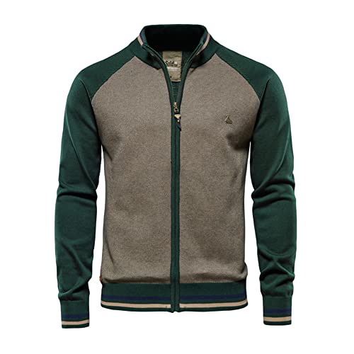 Herren Strickjacke Cardigan Feinstrick mit Stehkragen und Durchgehender Reißverschluss Langarm Bomberjacke Sportjacke Freizeitjacke Männer Casual Jacke Slim Fit Mantel Übergangsjacke Grün L von GUOCU