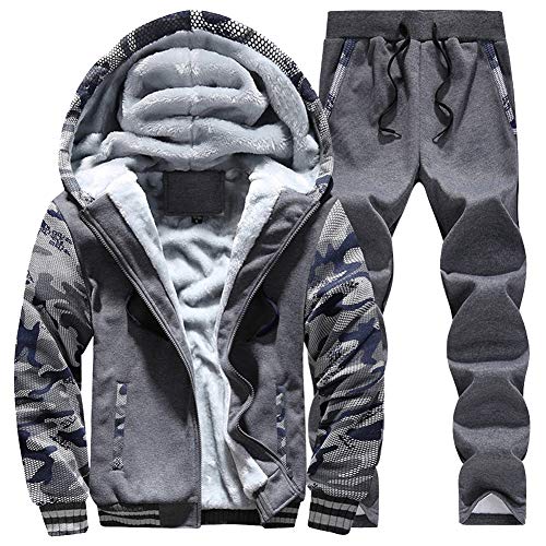 Herren Tarnung Lange Ärmel Plus Samt Zum Warmhalten Kapuzenpulli Hoodie Kapuzenpullover Hosen Set Reißverschluss Pullover Männer Kapuzen Sweatshirt Zweiteiliger Anzug Dunkel Grau M von GUOCU