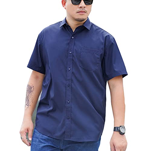 Herren Übergrößen Klassisches Hemd Standard-Passform Kurzarmhemd Casual-Business-Stretch Formelle Hemden mit Knöpfen Oberteile T-Shirt mit Fronttasche Dunkelblau 5XL von GUOCU