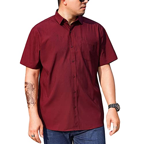 Herren Übergrößen Klassisches Hemd Standard-Passform Kurzarmhemd Casual-Business-Stretch Formelle Hemden mit Knöpfen Oberteile T-Shirt mit Fronttasche Weinrot 8XL von GUOCU