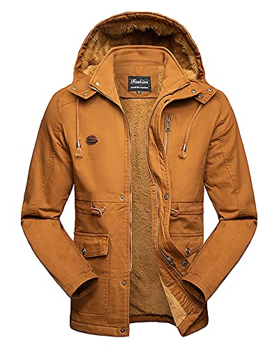 Herren Winterjacke Wintermantel Gepolsterter Cargo Outdoor Military Tactical Army Parka Jacke Mantel Übergangsjacke Abnehmbare Kapuzenjacke Winterparka mit Fleecefutter Taschen Gelb L von GUOCU