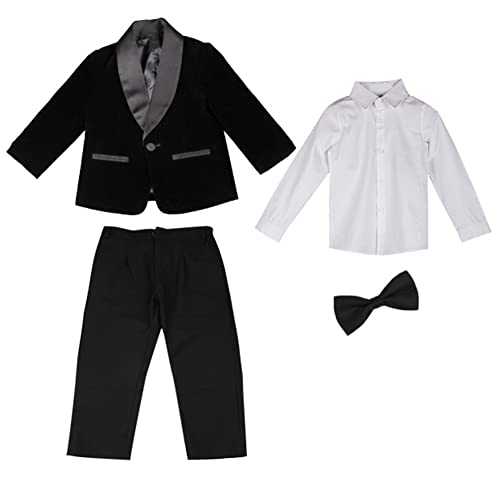 Jungen Anzug Kleiner Junge Kleidung Set 4-Teiliges Jungen Anzug Set mit Blazer Jacke+Hose+Shirt+Fliege,Kinder Hochzeit Anzüge Taufe Abschlussball Festliche Gentleman Outfit Kinderanzug 1-2 Jahre von GUOCU