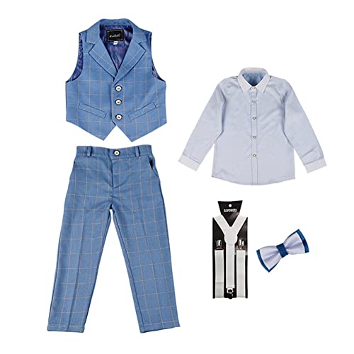 Kinder Blau Karierter Anzug Set Jungen Festliche Kleidung Sommer Hochzeit Weste Anzüge Gentleman Smoking Kinderanzug Set Jacke Weste Hemd Hose/Shorts Fliege 4/5tlg Jungen Bekleidungssets 2-3 Jahre von GUOCU