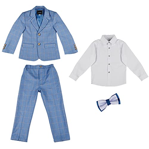 Kinder Blau Karierter Anzug Set Jungen Festliche Kleidung Sommer Hochzeit Weste Anzüge Gentleman Smoking Kinderanzug Set Jacke Weste Hemd Hose/Shorts Fliege 4/5tlg Jungen Bekleidungssets 3-4 Jahre von GUOCU