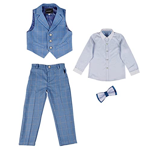 Kinder Blau Karierter Anzug Set Jungen Festliche Kleidung Sommer Hochzeit Weste Anzüge Gentleman Smoking Kinderanzug Set Jacke Weste Hemd Hose/Shorts Fliege 4/5tlg Jungen Bekleidungssets 4-5 Jahre von GUOCU